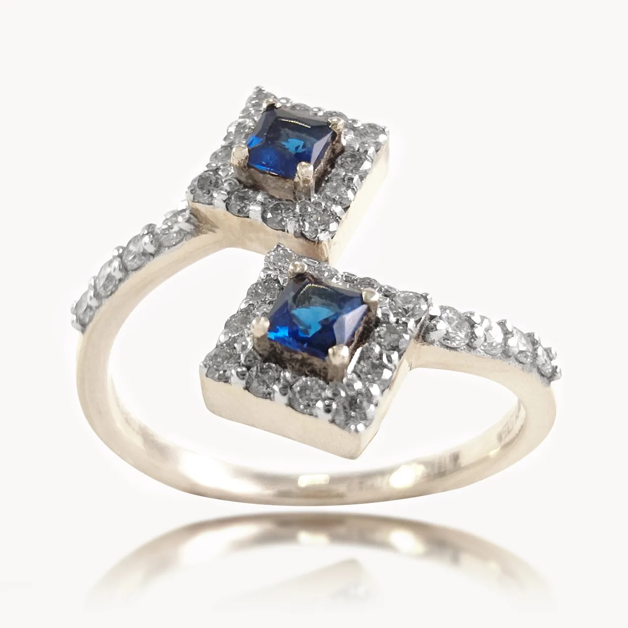 Asher Square Trap Diamond Ring With Blue Stone