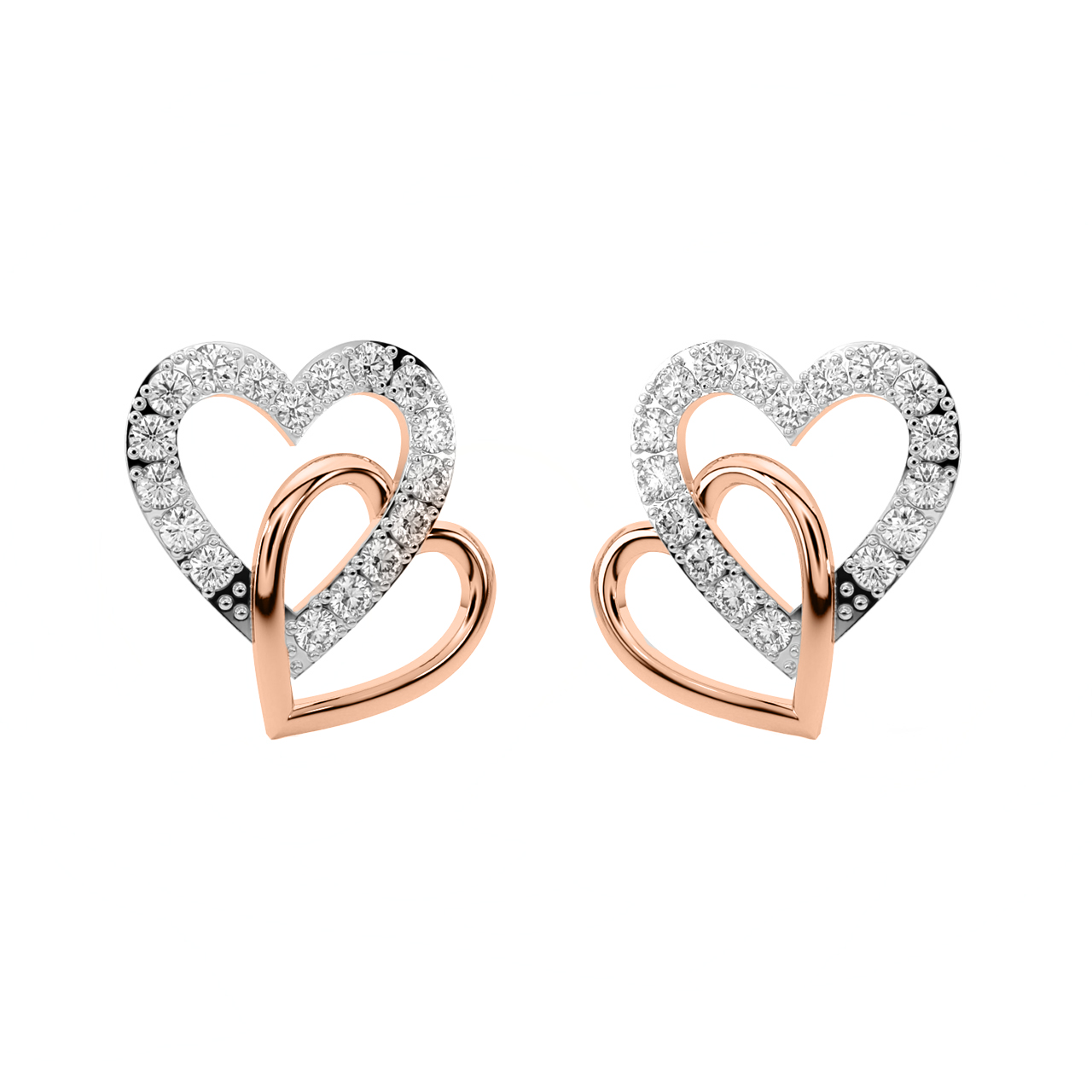 Dual Heart Diamond Stud Earrings